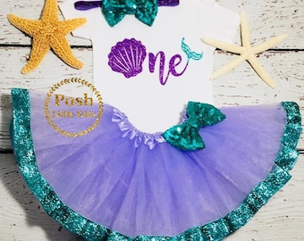 Mermaid Birthday girl outfit, One bodysuit, Mermaid Baby girl birthday outfit,Trim tutu, Mermaid smash cake