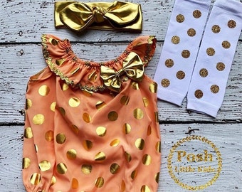 Peach and Gold  Baby romper set,Gold polka baby romper set,Birthday Girl Peach romper set,Birthday Girl outfits , Peach and Gold romper set