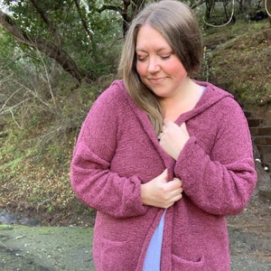 cozy knit cardigan with hood, easy knitting pattern, The Jessa Cardigan knitting pattern, chenille yarn knit cardigan