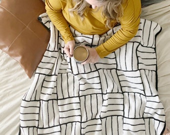 knit blanket pattern, modern knit blanket, The Gemma Blanket, black and white geometric blanket pattern