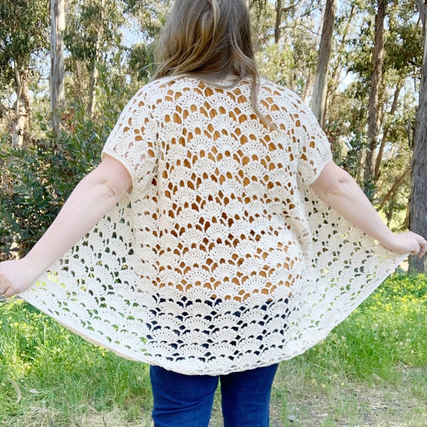 light weight crochet cardigan pattern, summer cardigan pattern, The Delta Cardi, picot fan stitch caridgan