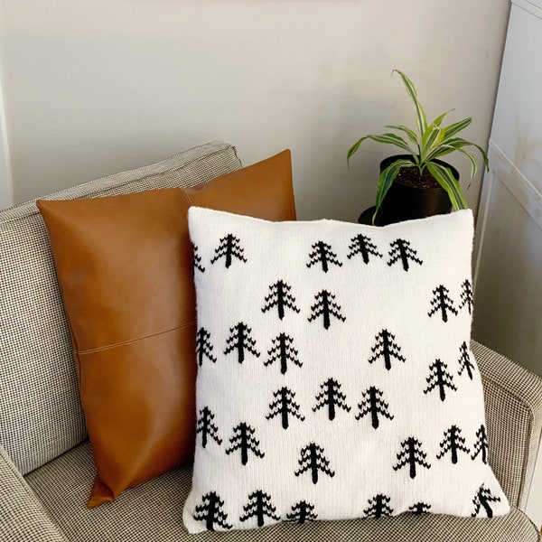 Pine Forest Pillow, modern knit pillow pattern, knitting patter, knit pillow, black and white Nordic design pillow