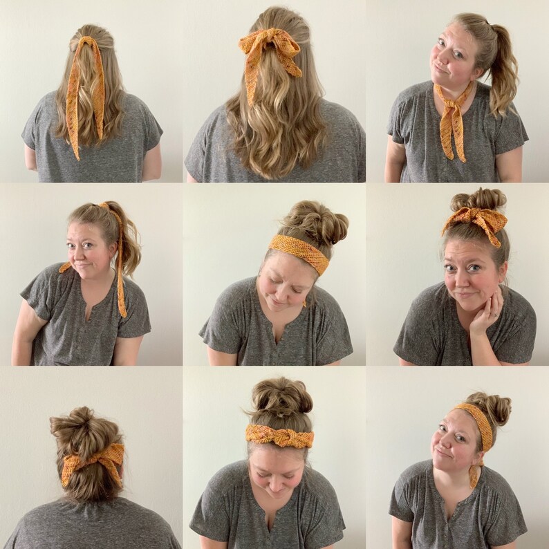 Puede incluir: Una mujer muestra diferentes formas de usar una diadema de ganchillo. La diadema es de color naranja c&aacute;lido con un patr&oacute;n moteado. La diadema se usa como diadema, coletero y pa&ntilde;uelo para el cuello.