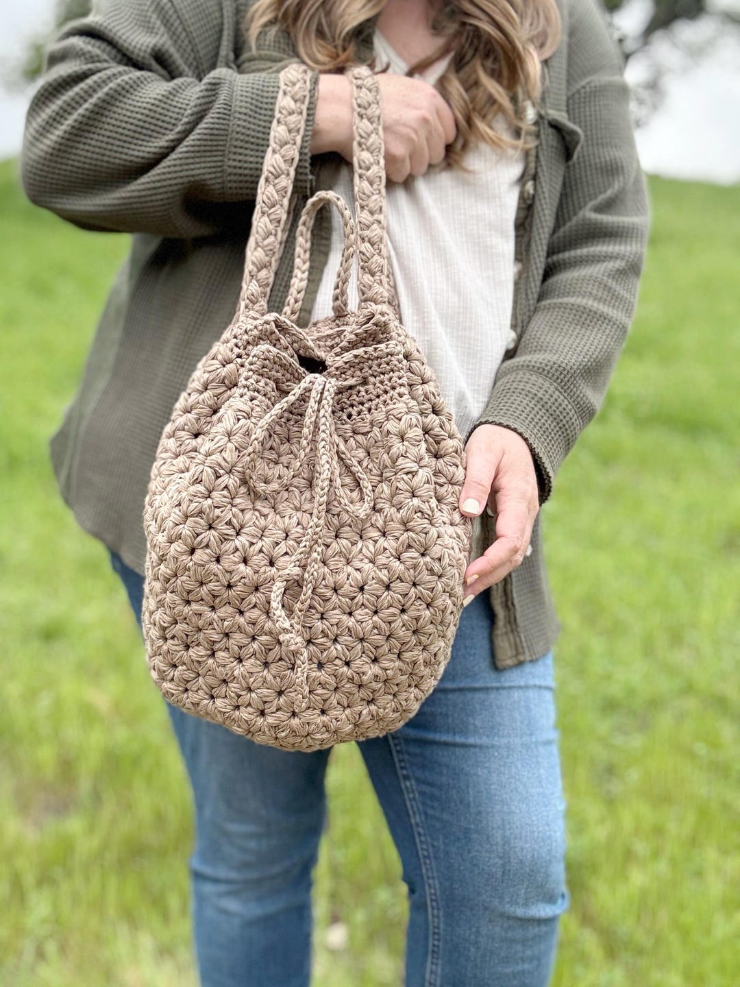 Crochet Drawstring Backpack, the Kelan Carryall, Jasmine Stitch Crochet Bag Pattern