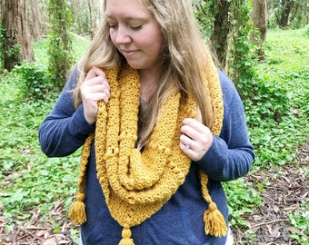 Crochet Pattern- The Emerson Scarf. triangle scarf, scarf with tassels