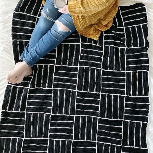 motif de couverture au crochet noir et blanc, motif de couverture au crochet, couverture moderne en noir et blanc, The Slate Blanket