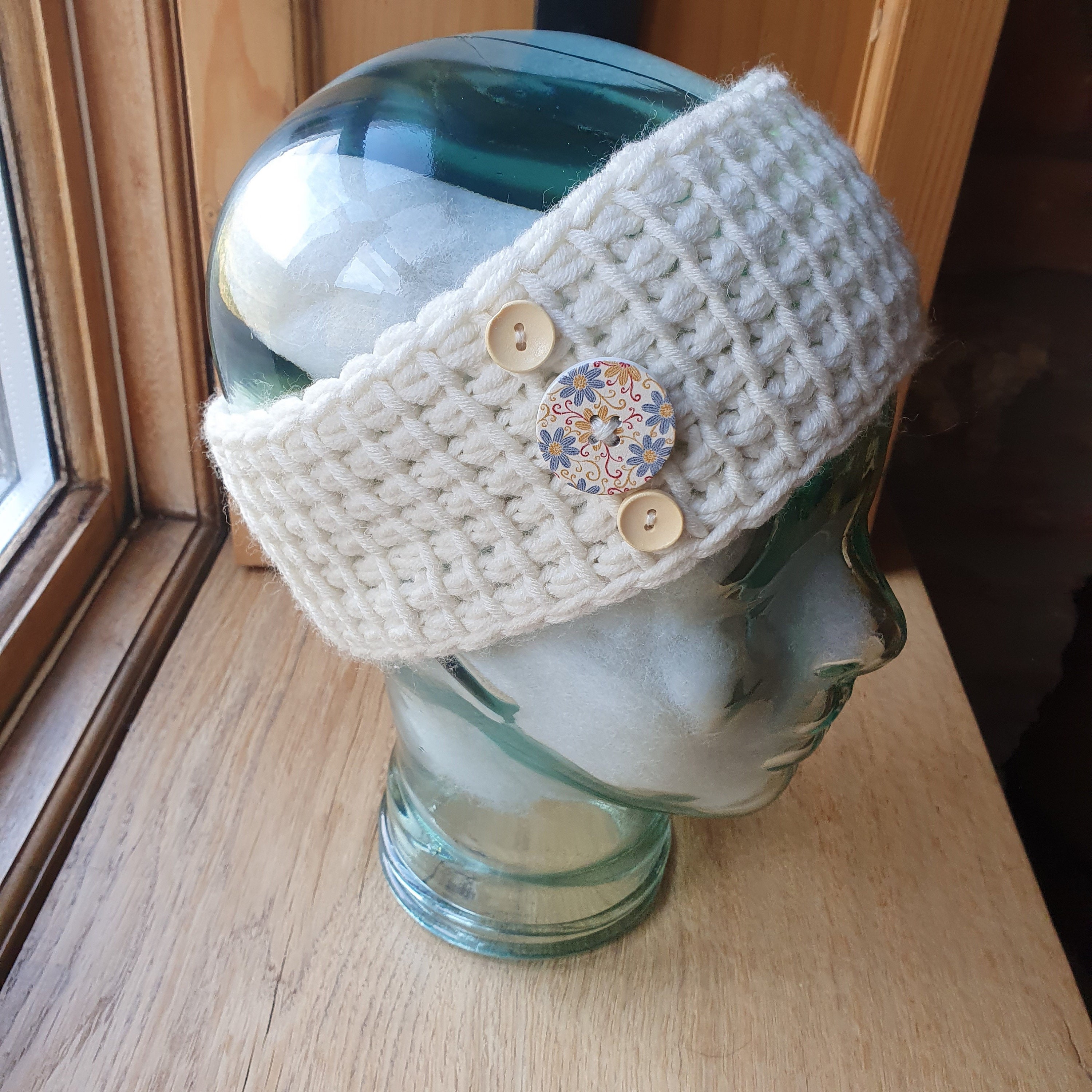 Soft cream headband with button feature Etsy