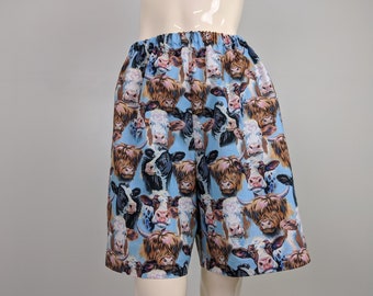 Handmade Cow Print Pajama Shorts, Elastic Waist Cotton Sleepwear