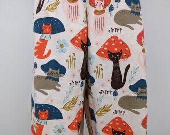 Mushroom cats print pajama pants, women soft sleepwear, loose fit elastic waist comfy pants, flannel lounge wear, cat lover pajama gift