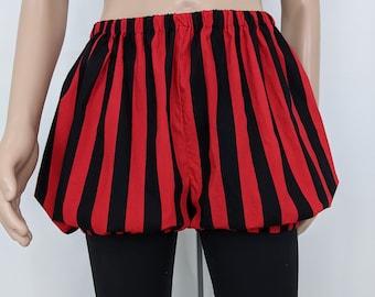 May include: Red and black striped bubble shorts with an elastic waistband.