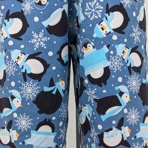 Penguin print pajama pants, women elastic waist flannel comfy pants, winter print lounge wear, flannel sleep wear, penguin pajama gifts