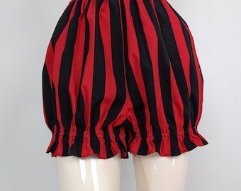 Women costume undergarments, black / red striped ruffled bloomers, pull on style pumpkin shorts, handmade costume clothing accessories