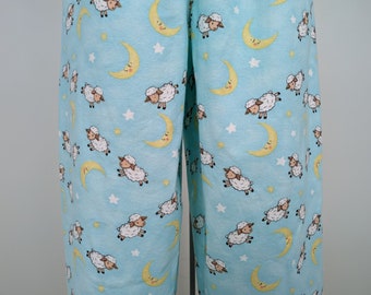 Sheep print pajama pants, women lounge wear, lamp/moon and star print flannel jammies, high waist loose fitting comfy pants, pajama gift