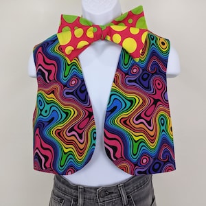 Adult costume vest with large polka dot bow tie, men / women clown clothing, open front festival top, reversible short styled vest