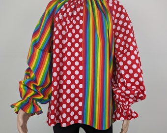 Adult costume top, multi print classic clown clothing, over size balloon sleeved festival shirt, rainbow striped / large polka dot top