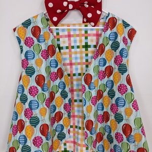 Adult costume vest with large polka dot bow tie, unisex clown clothing, balloons / plaid print reversible vest, handmade festival top