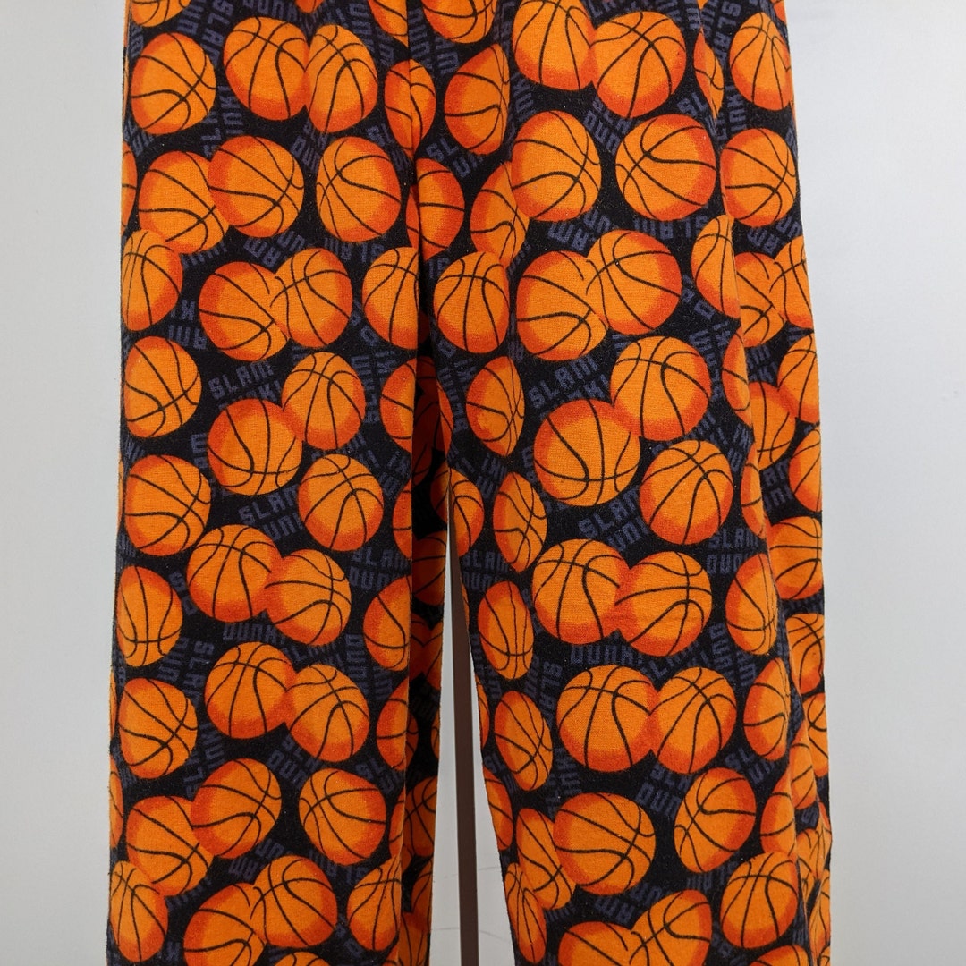 Basketball Print Pajama Pants, Men Soft Flannel Lounge Pants, Elastic