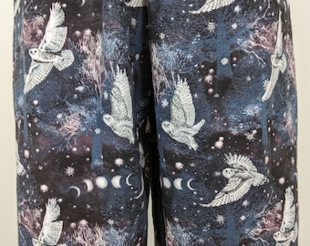 Owl print pajama pants, women high waist loose fitting pants, soft comfy flannel lounge wear, winter solstice moon jammie's, owl lover gift