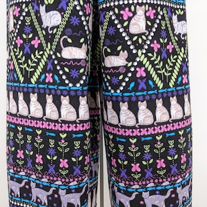 Women cat print pajama pants, soft flannel lounge wear, high waist pajama bottoms, cute and comfy jammies , cat lover pajama gift