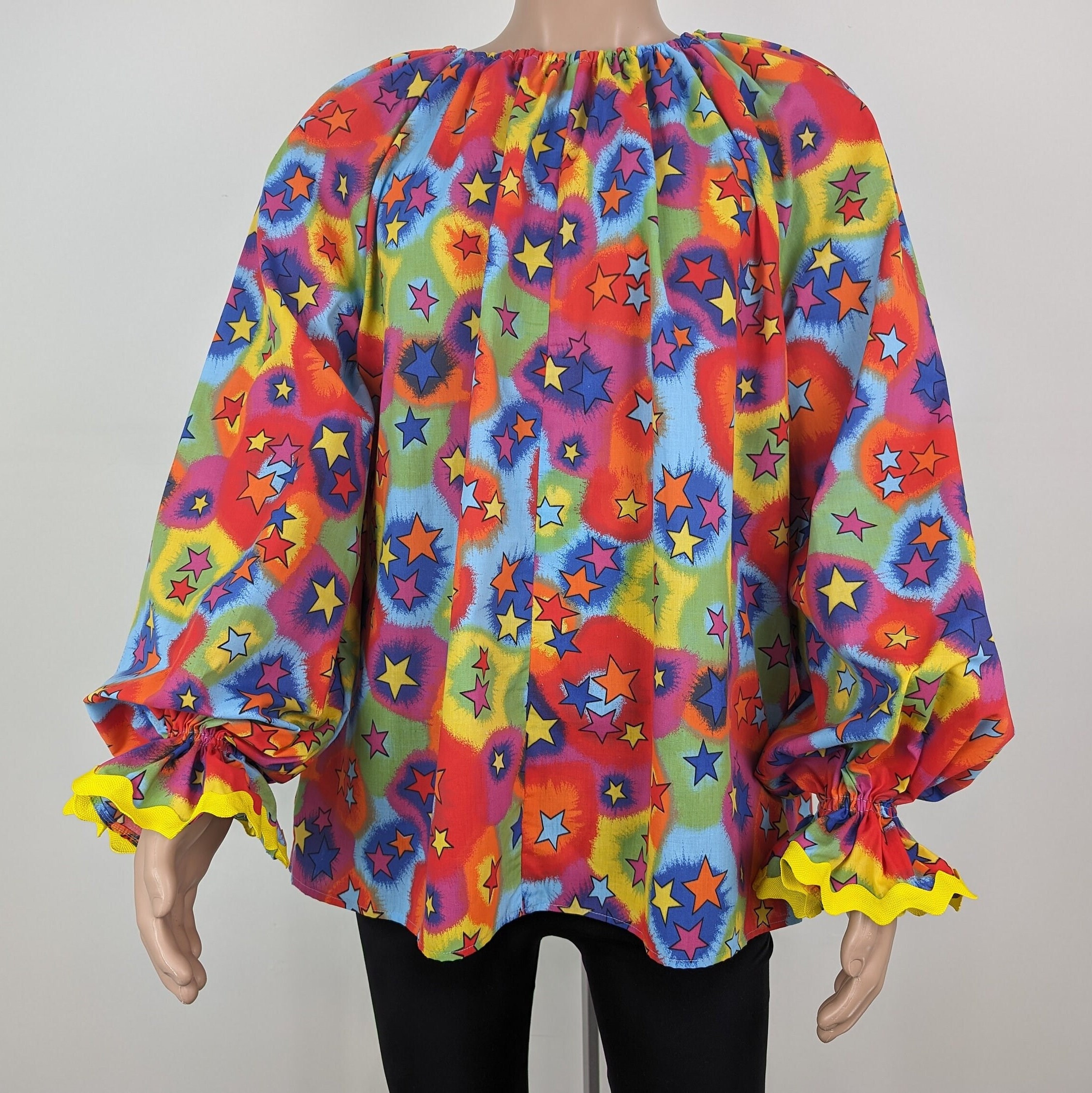 Star print costume shirt, adult clown top, handmade circus clothing, rainbow print quirky festival outfits, gender neutral carnival clothing