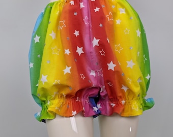 Rainbow and stars print ruffled costume bloomers, women's cotton pull on style pumpkin shorts, pastel goth undergarments, carnival clothing