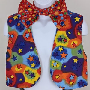 Adult costume vest with large bow tie, men / women clown clothing, rainbow and stars print reversible vest, open front costume jacket