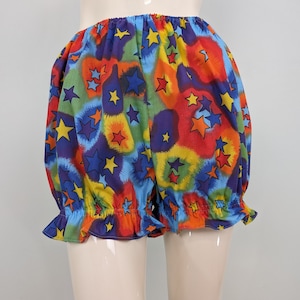 Women costume undergarments, rainbow / stars print ruffled bloomers, female clown clothing, pull on style pumpkin shorts, festival outfits