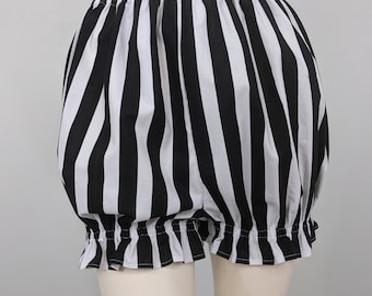 Women costume undergarment, black / white striped ruffled bloomers, female jester clothing, pull on style cotton pumpkin shorts