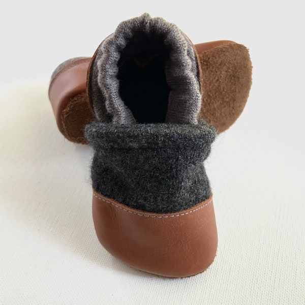 6-12 Month Wool Baby Booties / Soft Soled Shoes / Upcycled Wool / Leather Baby Shoes / Baby’s First Shoes