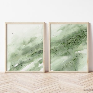 Sage Green Abstract Watercolor 2 Piece Printable Wall Art, Muted Green Prints Set, Minimalist Farmhouse Bedroom Living Room Wall Decor