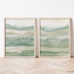 Sage Green Abstract Watercolor 2 Piece Printable Wall Art, Country Fields Prints, Neutral Minimal Farmhouse Bedroom Living Room Wall Decor