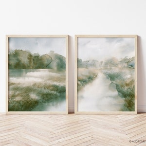 Muted Green Watercolor Landscape Wall Art Print Set of 2, Soft Country Scenery Printable Paintings, Gallery Living Room Neutral Wall Decor