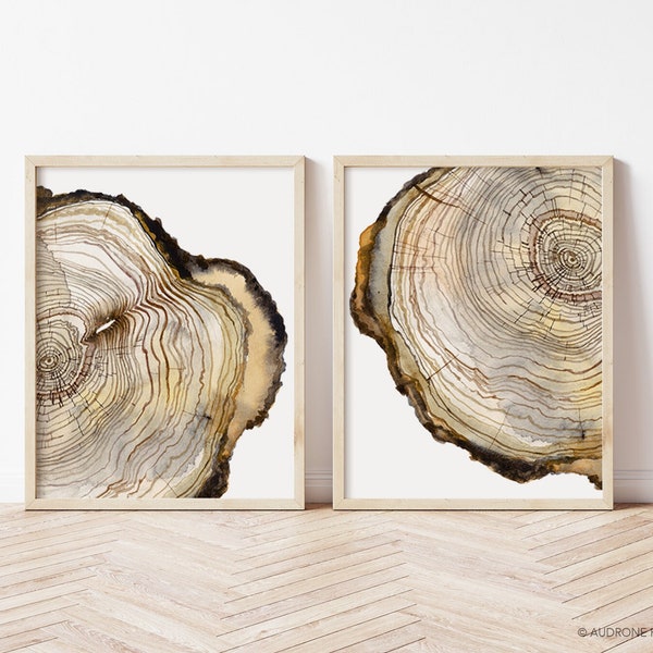 Anneau d'arbre Printable Wall Art Set de 2, Téléchargement instantané d'impression numérique de souche d'arbre, Impressions de tranche de bois, Art de ferme moderne de thème de nature