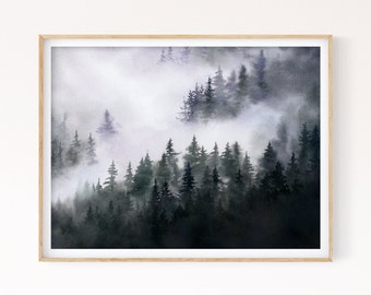 Nordic Forest Printable Wall Art, Moody Forest, Horizontal Digital Print Download, Woodland Painting, Wilderness Print, Misty Forest