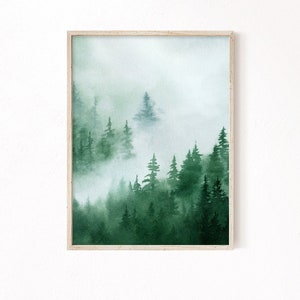 Foggy Forest Printable Wall Art, Green Watercolour Forest Painting, Nordic Evergreen Trees Instant Digital Download, Misty Forest Print