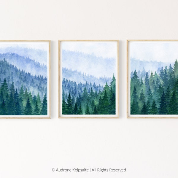 Calm Forest Wall Art Set of 3, Forest Watercolor Prints, Nature Theme Bedroom Wall Decor, Pine Forest Mountains Print Set