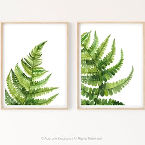 Fern Printable Wall Art Set of 2, Modern Botanical Greenery Watercolor Painting, Green Fern Leaf Digital Download Prints
