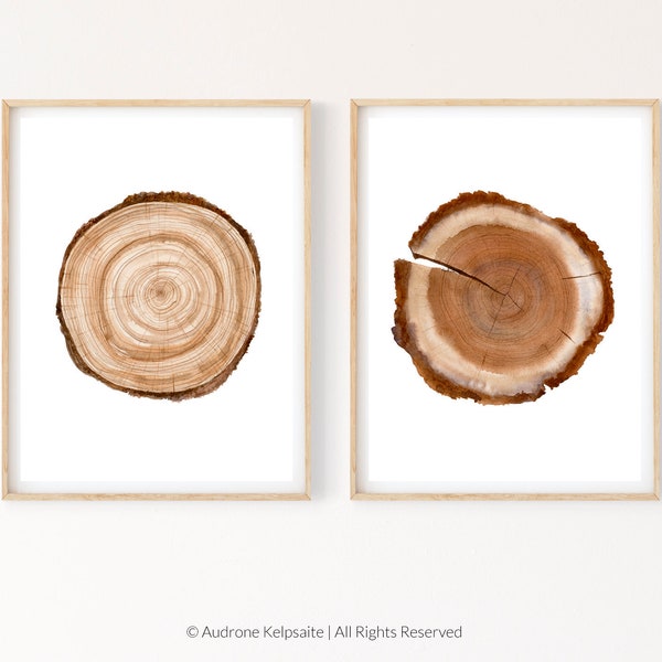 Tree Ring Printable Wall Art Set of 2, Tree Stump Instant Digital Print Download, Wood Slice Prints, Modern Farmhouse Art