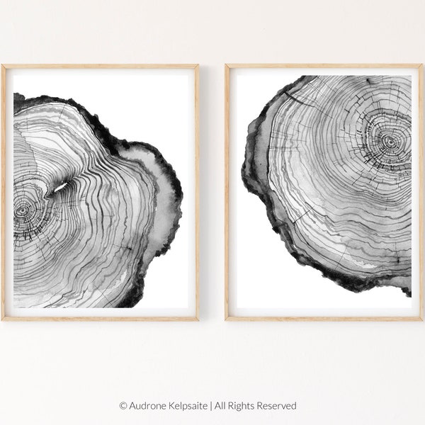 Tree Ring Printable Wall Art Set of 2, Tree Stump Instant Digital Print Download, Black and White Wood Slice Prints, Modern Farmhouse Art