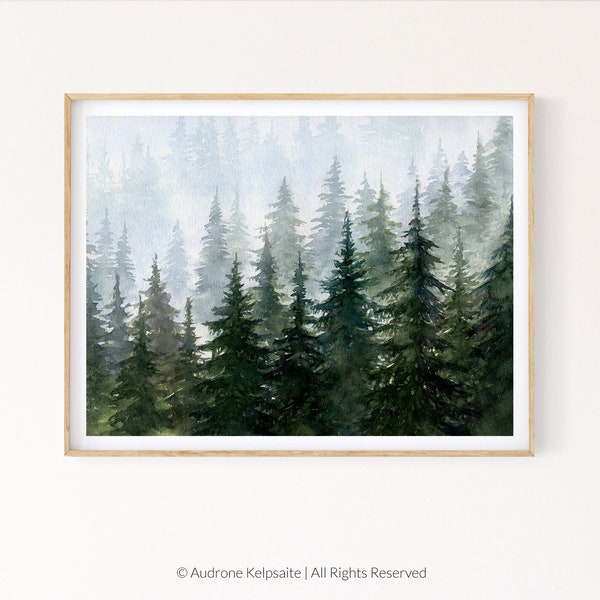 Misty Forest Printable Wall Art, Aquarelle Arbres à feuilles persistantes Peinture, Deep Green Nordic Forest Téléchargement instantané Impression numérique