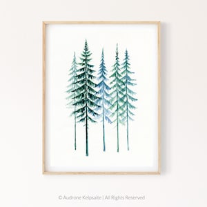 Evergreen Trees Printable Wall Art, Pine Trees Watercolor Painting, Minimalist Nature Digital Print Download