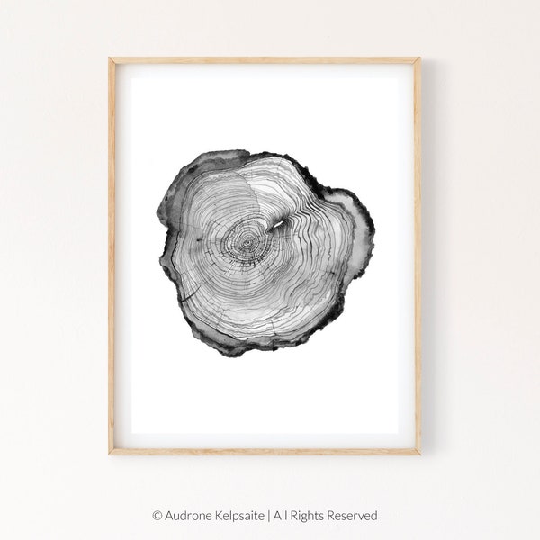 Tree Ring Printable Wall Art, Black and White Tree Stump Instant Digital Print Download, Wood Slice Prints, Modern Farmhouse Art