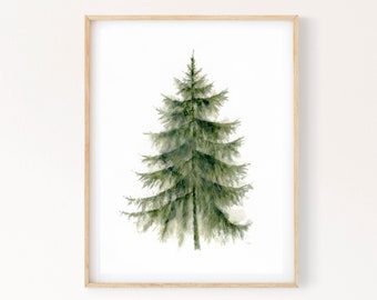 Christmas Tree Printable Wall Art, Evergreen Conifer Tree Watercolor Painting, Fir Tree Minimalist Nature Digital Print Download