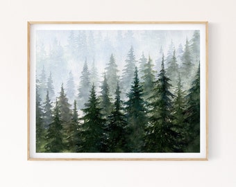 Misty Forest afdrukbare muurkunst, aquarel groenblijvende bomen schilderen, diepgroen Noords bos Instant Download digitale print