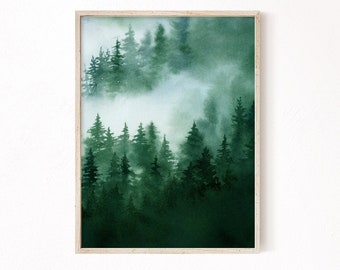 Green Forest afdrukbare muur kunst, aquarel bos schilderij print, Noordse groenblijvende bomen Instant digitale download, wildernis poster