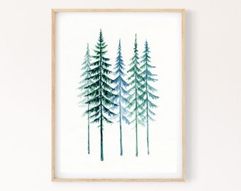 Evergreen Trees Printable Wall Art, Pine Trees Watercolor Painting, Minimalist Nature Digital Print Download