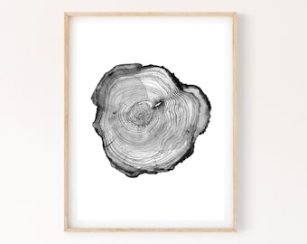 Baumring druckbare Wandkunst, schwarz weiß Baumstumpf sofortiger digitaler Druck Download, Holzscheibe Drucke, moderne Bauernhaus Kunst