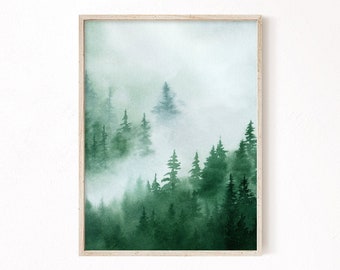 Mistige bos afdrukbare Wall Art, groene aquarel bos schilderij, Noordse groenblijvende bomen Instant digitale download, mistige bos print