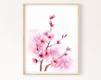 Cherry Blossom Printable Wall Art, Sakura Watercolor Painting_Floral Spring Digital Print Download, Girls Bedroom Wall Decor