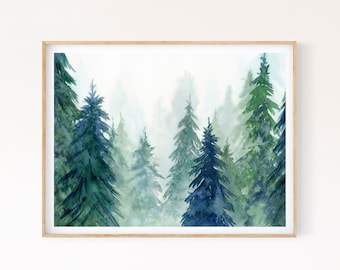 Bos afdrukbare Wall Art, aquarel groenblijvende bomen schilderij, Nordic Forest Instant Download digitale print